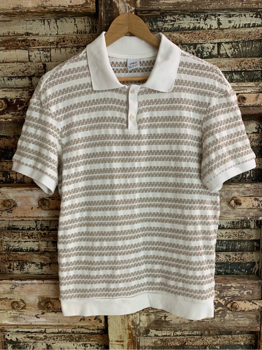 Zara Men’s Cream and Taupe Striped Knit Polo Shirt, Old Money, Grandapacore, S